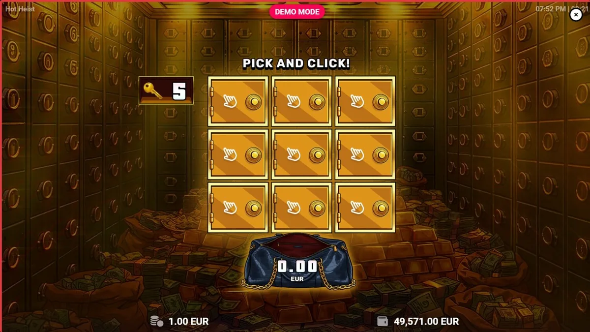 Tampilan layar permainan slot Hot Heist dengan nuansa neon dan simbol perampokan