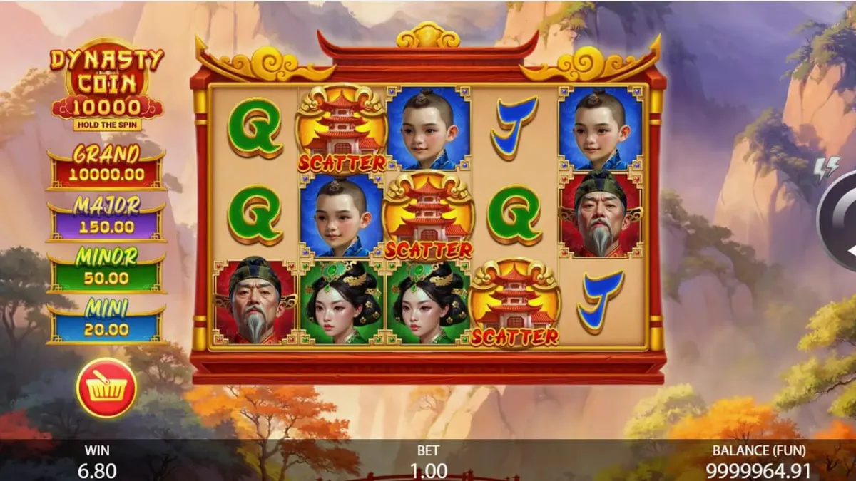 Tampilan visual slot Dynasty Coin 10,000 dengan latar belakang pegunungan dan simbol koin emas.