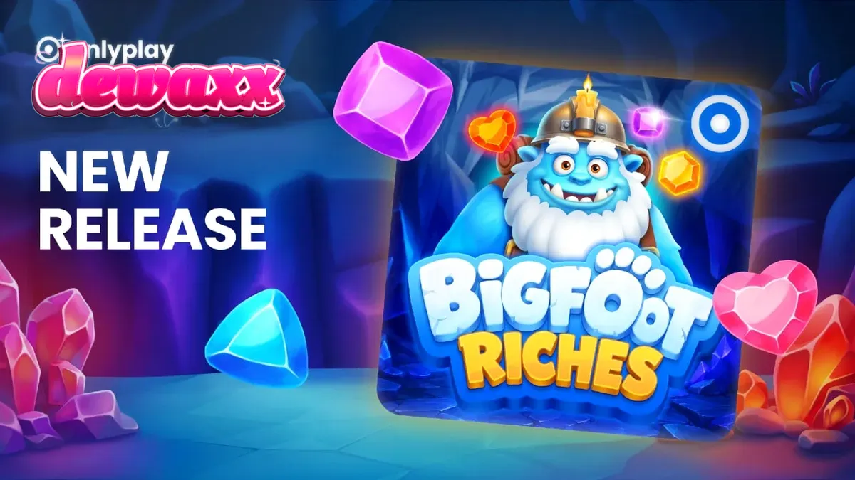 Pemandangan hutan bersalju dan simbol Bigfoot dalam slot Bigfoot Riches